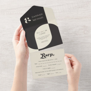 Einfach Schwarz Creme Retro All In One Einladung