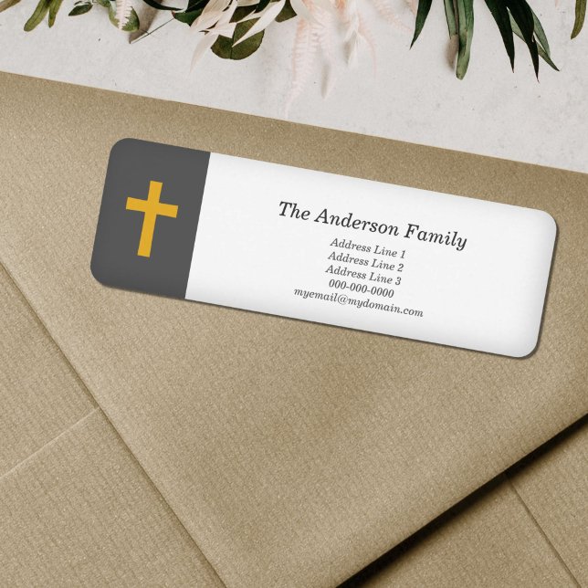 Einfach, schwarz mit einer Rücksendeadresse aus de (Simple, Black with a Gold Cross Return Address Label)