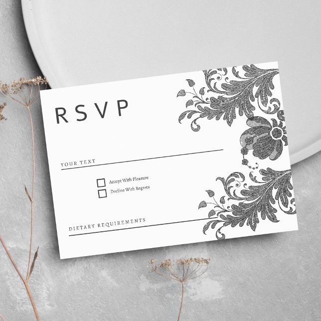 Einfach Schwarz-weißer Glitzer Blumenstrauß UAWG Einladung (Simple black white glitter floral lace RSVP )