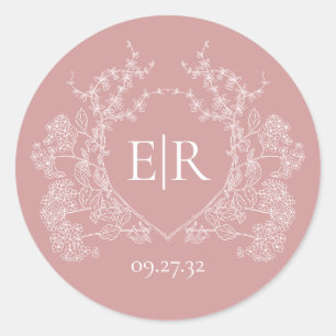 Einfach Staubig Rosa Florales Wappen Monogramm Hoc Runder Aufkleber