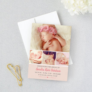 Einfach süße, rosafarbene Baby-Foto-Collage zur Ge Ankündigung