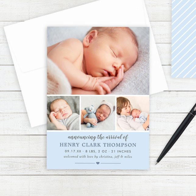 Einfach Sweet Blue Baby Boy Foto Collage Birth Ankündigung (Von Creator hochgeladen)