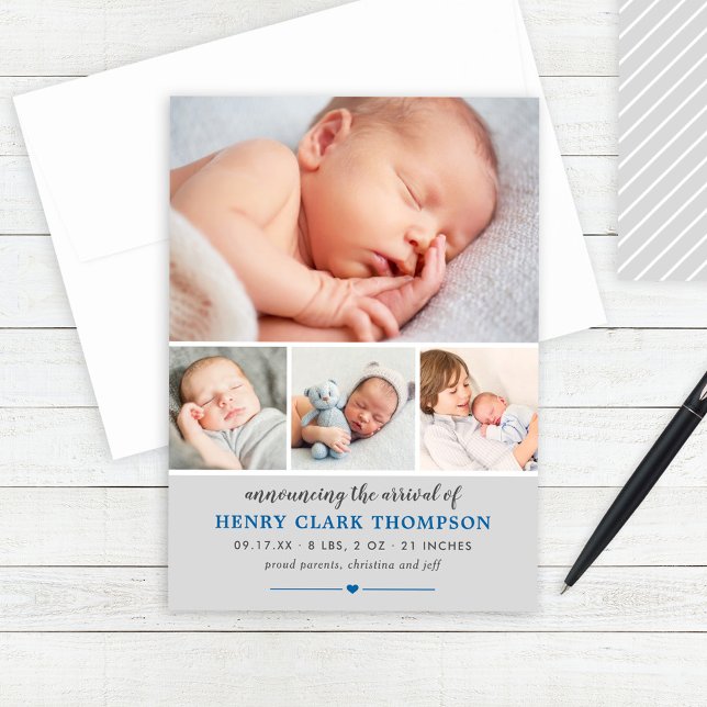 Einfach Sweet Gray Baby Boy Foto Collage Birth Ankündigung (Von Creator hochgeladen)