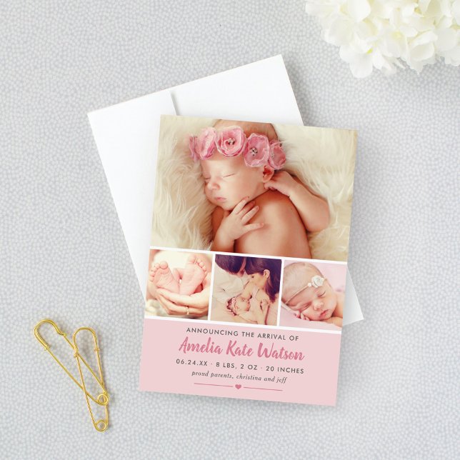 Einfach Sweet Pink Baby Girl Foto Collage Birth Ankündigung (Von Creator hochgeladen)