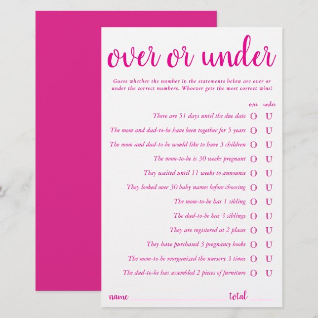 Einfach über oder unter | Hot Pink Game Card (Vorne/Hinten)