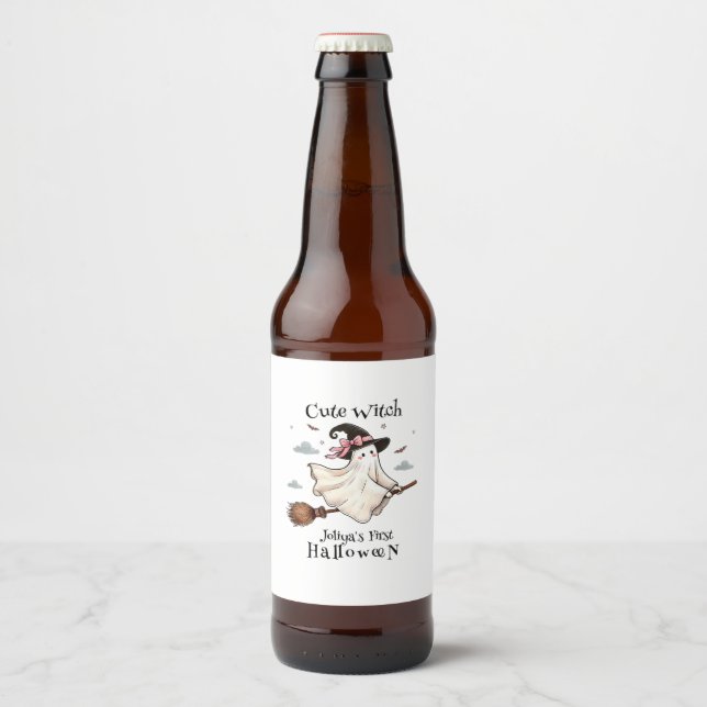 Einfach und elegant Niedlich Hexe erstes Halloween Bierflaschenetikett (Vorderseite)