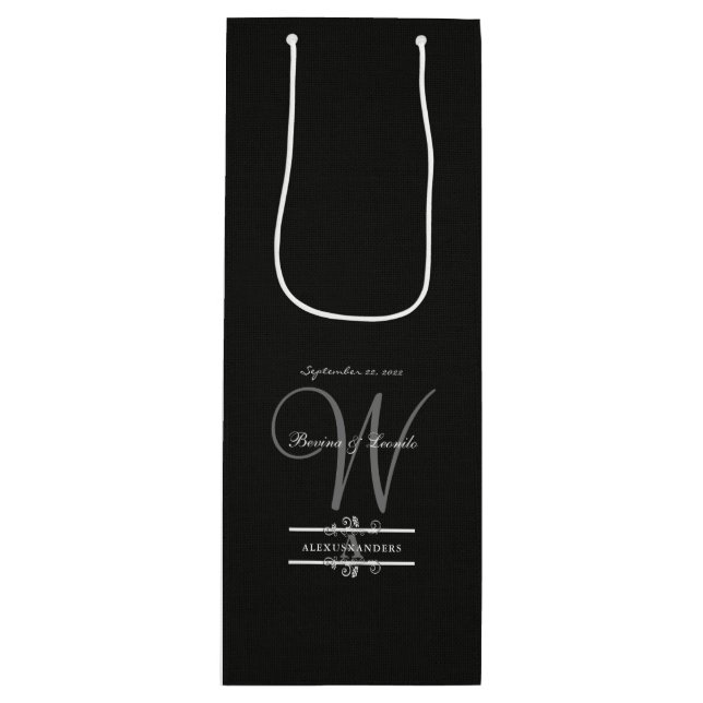 Einfach und elegant: Schwarze Linse mit Monogramm Geschenktüte Für Weinflaschen (Vorderseite)