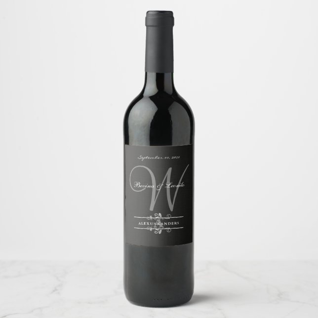 Einfach und elegant: Schwarzer Leinen mit Monogram Weinetikett (Vorderseite)