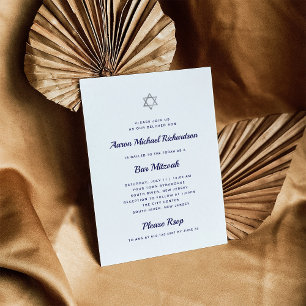 Einfach und kühl   Weiß und Dunkel Blau Bar Mitzva Einladung