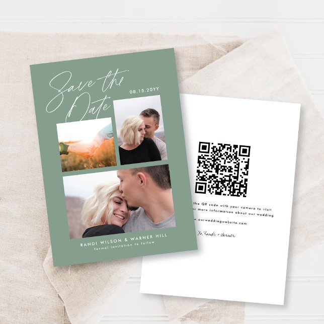 Einfach und stilvoll grünes Drei-Foto handschriftl Save The Date (Von Creator hochgeladen)