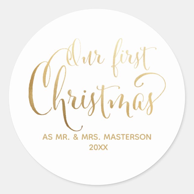Einfach unser erstes Weihnachtsfest neu Gold White Runder Aufkleber (Vorderseite)