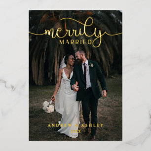 Einfach Verheiratetes Elegant Script Newlyweds Fot Folien Feiertagskarte