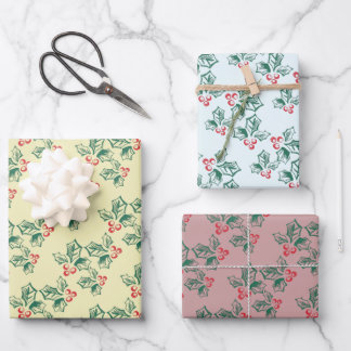Einfach Vintag Look Holly Pattern Weihnachten Geschenkpapier Set