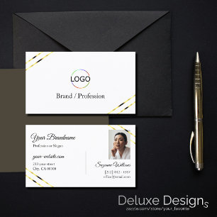 Einfach Weiß mit goldenen Linien Logo und Foto Visitenkarte