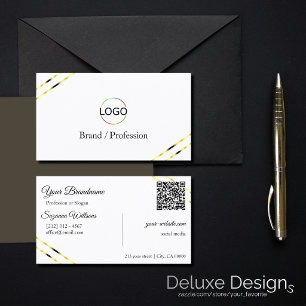 Einfach Weiß mit goldenen Linien Logo und QR-Code Visitenkarte