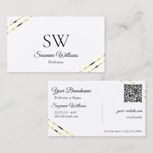 Einfach Weiß mit goldenen Linien, Monogramm und QR Visitenkarte