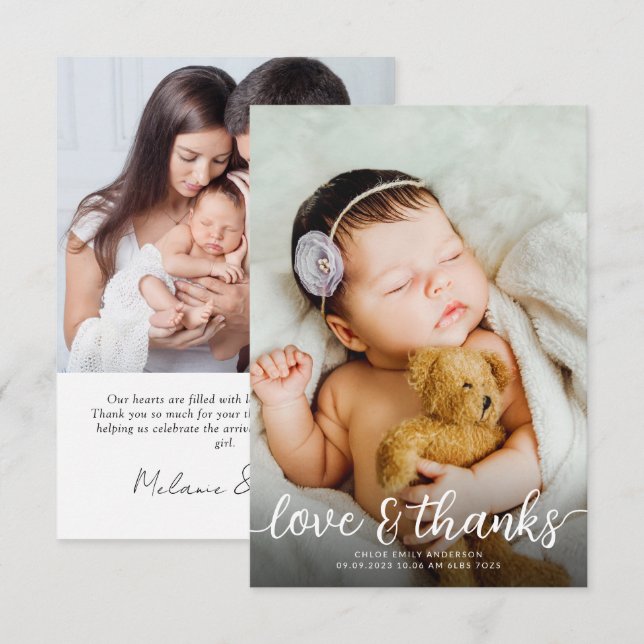 Einfache 2-Foto-Geburtserklärung Dankeskarte (Vorne/Hinten)
