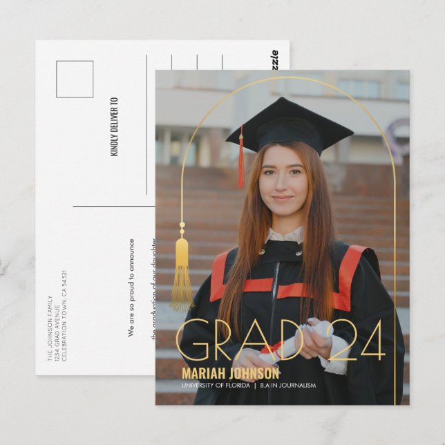Einfache 2 Foto Gold Tassel Abschluss Ankündigung Postkarte (Vorne/Hinten)