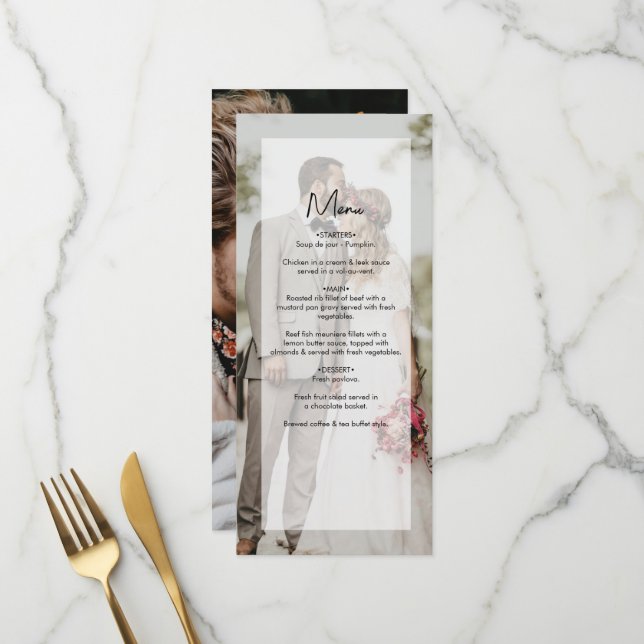Einfache 2-Foto-Overlay-Skript-Hochzeit Menükarte (Vorderseite/Rückseite Beispiel)