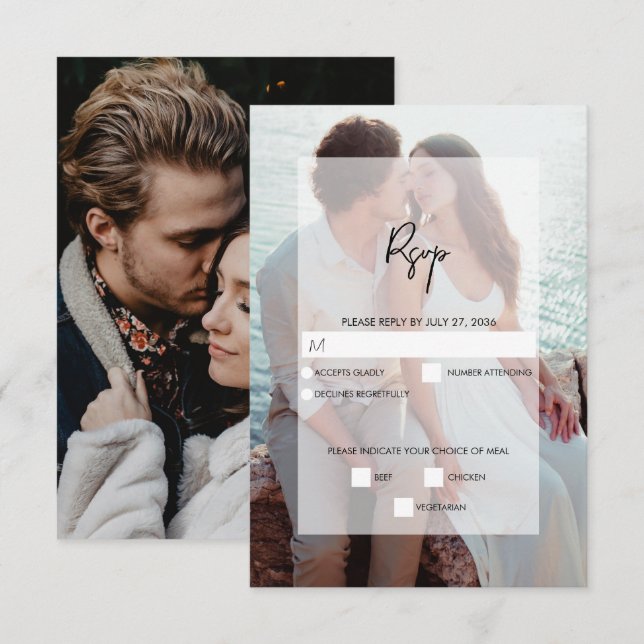 Einfache 2-Foto-Overlay-Skript-Hochzeit RSVP Karte (Vorne/Hinten)