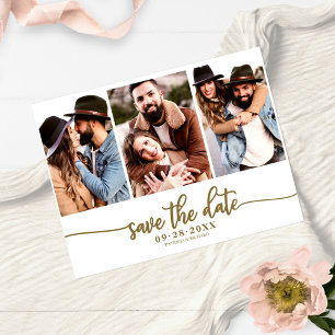 Einfache 3-Foto-Collage Hochzeit Save The Date Postkarte