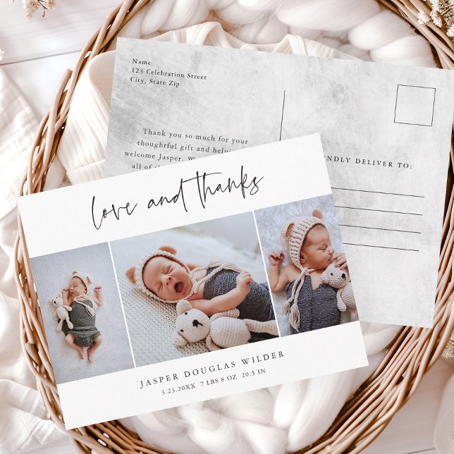 Einfache 3 Foto Liebe und vielen Dank. Postkarte (Simple 3 Photo Script Love and Thanks Baby Announcement Thank You Postcards.)