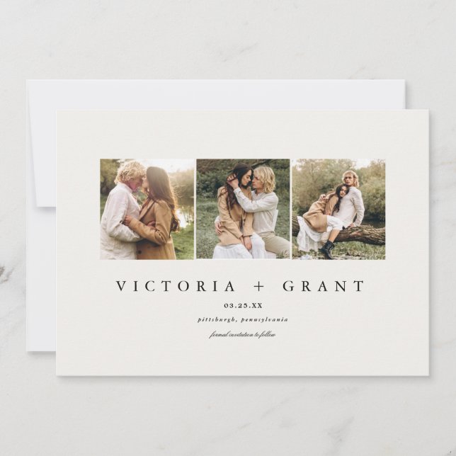 Einfache 3 Foto Save the Date Fotokarte (Vorderseite)