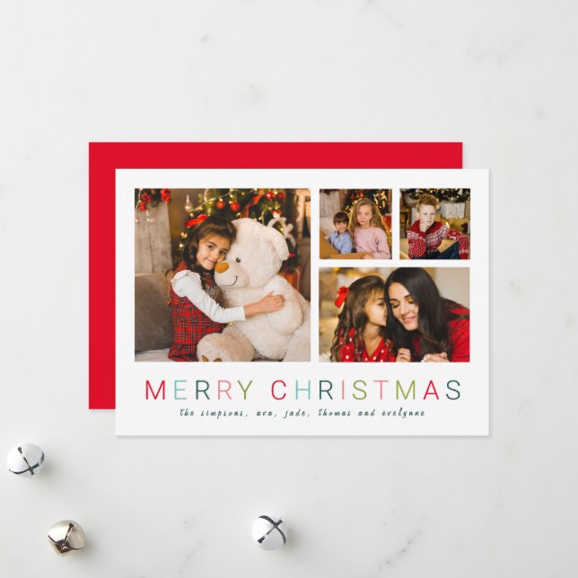 Einfache 4-Foto Collage Frohe Weihnachten Farbenfr (Vorderseite/Rückseite Beispiel)