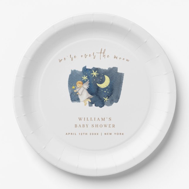 Einfache Angel Moon Star Kinderdusche Pappteller (Vorderseite)