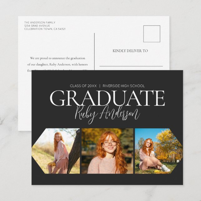 Einfache Ankündigung von 3 Foto Black Abschluss Postkarte (Vorne/Hinten)