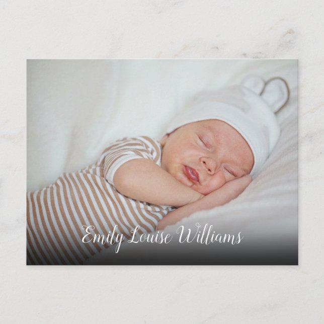 Einfache Ankündigung von Baby Foto Script Postkarte (Vorderseite)