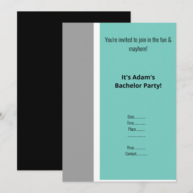 EINFACHE AQUA SCHWARZ-WEISS BACHELOR PARTEI EINLADUNG (Vorne/Hinten)