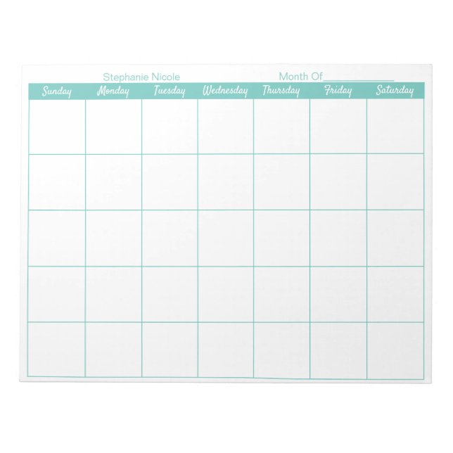 Einfache Aqua Thin Border Name Monatsplaner Notizblock (Vorderseite)