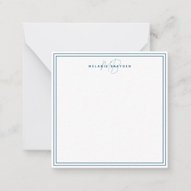 Einfache Aquamarine blaue Minimalistische Monogram Mitteilungskarte (Vorderseite)