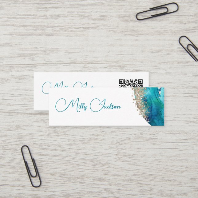 Einfache Aquamarine Goldwasserfarbe - QR Mini Visitenkarte (Vorderseite/Rückseite Beispiel)