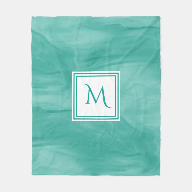 Einfache Aquamarine grüne Marmor Moderne Monogramm Fleecedecke (Vorderseite)