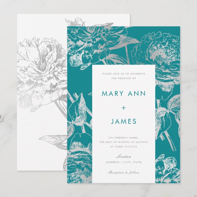 Einfache Aquamarine Hochzeit mit Flora und Fauna Einladung (Vorne/Hinten)