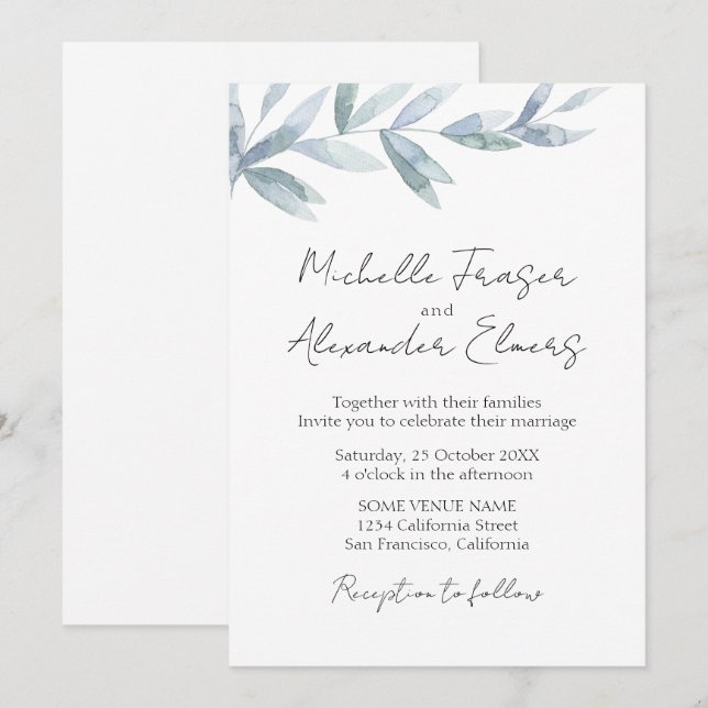 Einfache Aquarellbilder Blätter Elegante Hochzeit Einladung (Vorne/Hinten)