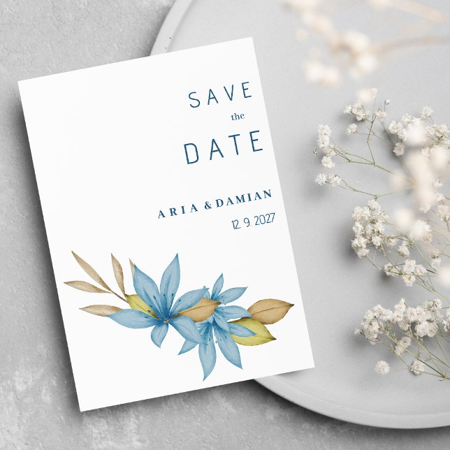 Einfache Aquarellblau Save the Date Einladung (Simple watercolor brown blue floral Save the Date)