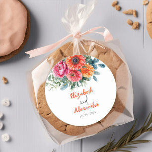 Einfache Aquarellblume   Orange und Rosa   Hochzei Runder Aufkleber