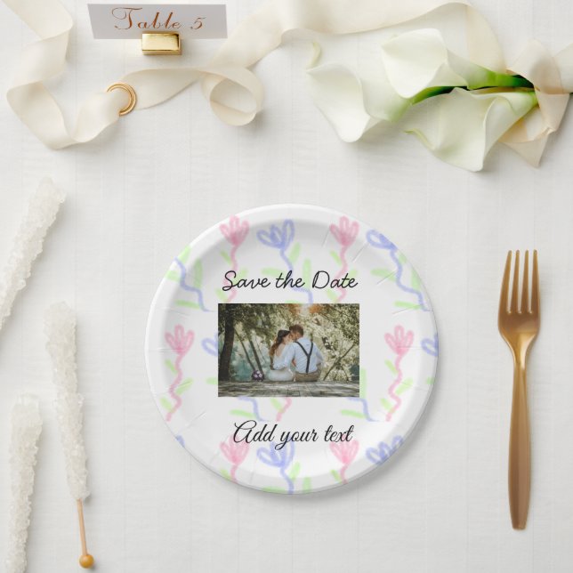 Einfache Aquarellfarbe Rosa blaue Blume Save the D Pappteller (Hochzeit)