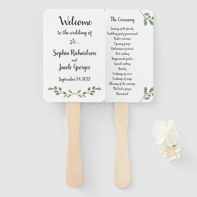 Einfache Aquarellgrün und Skript | Hochzeit Fächer (Vorne und Hinten)