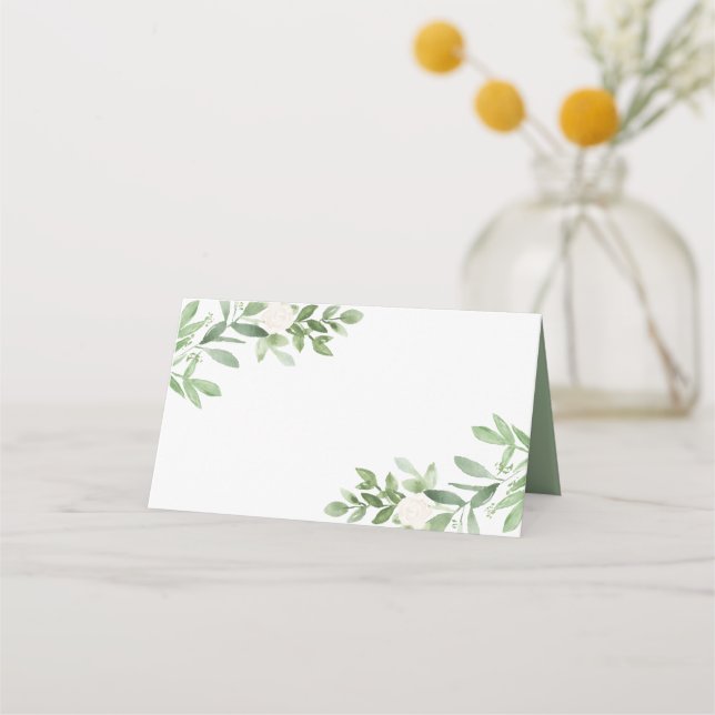 Einfache Aquarellgrün und weiße Blume Platzkarte (Vorderseite)