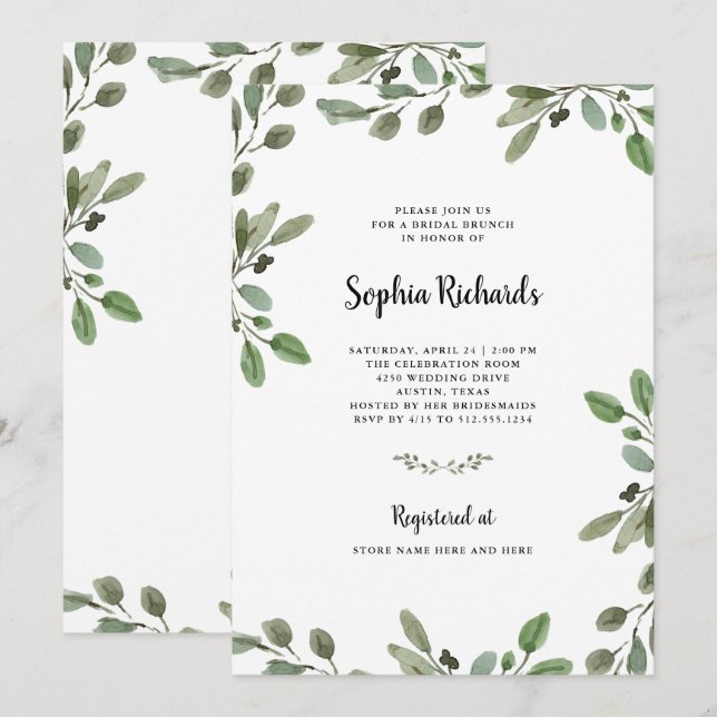 Einfache Aquarellgrüne | Bridal Brunch Einladung (Vorne/Hinten)