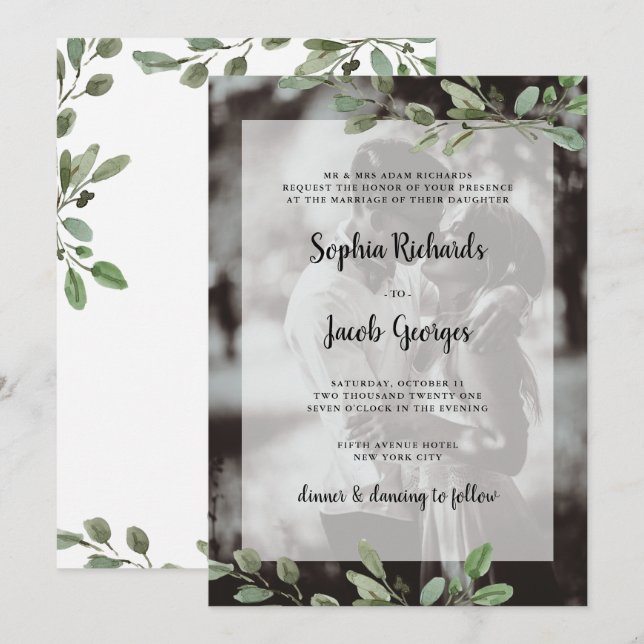 Einfache Aquarellgrüne | Foto Hochzeit Einladung (Vorne/Hinten)