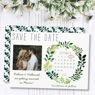 Einfache Aquarellgrüne Hochzeitsskalender Foto Save The Date