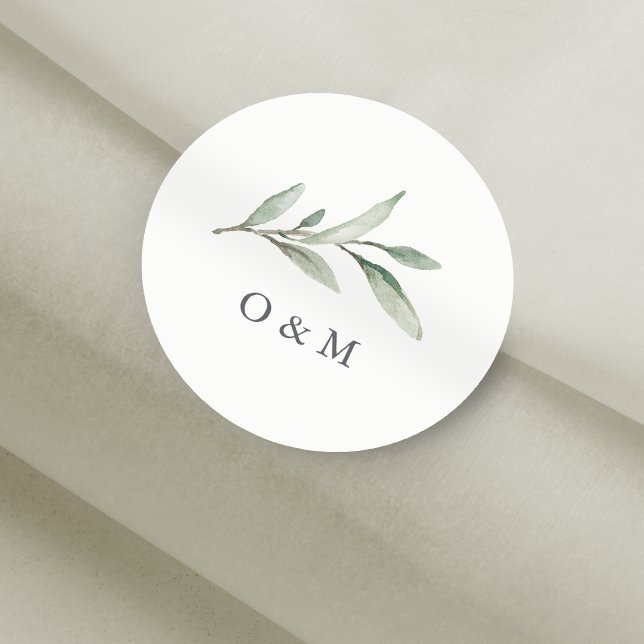Einfache Aquarellgrüne Monogramm Runder Aufkleber (Simple Watercolor Greenery monogram Classic Round Sticker)