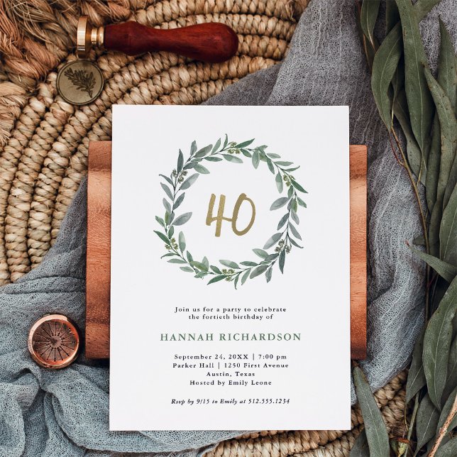 Einfache Aquarellgrüne und Gold 40. Geburtstag Einladung (Von Creator hochgeladen)
