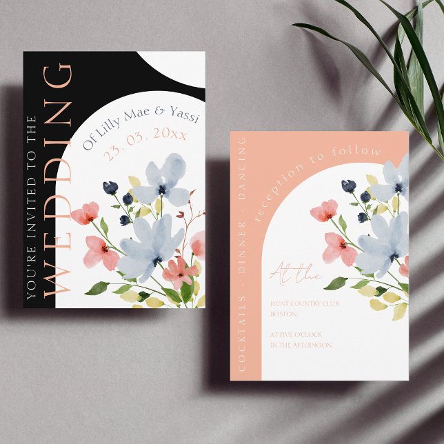 Einfache Arch Black and Pink Floral Wedding Einladung (Von Creator hochgeladen)