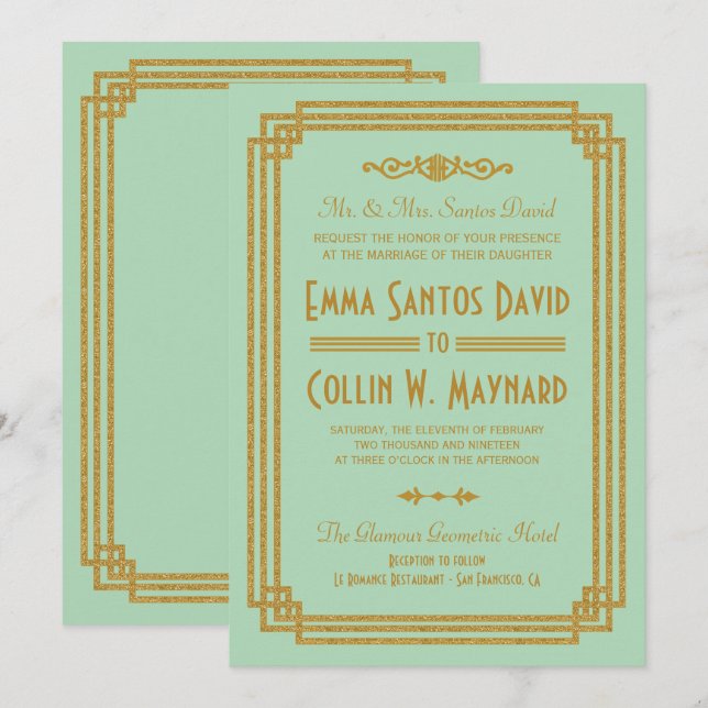 Einfache Art Deco Mint Wedding Einladungen (Vorne/Hinten)